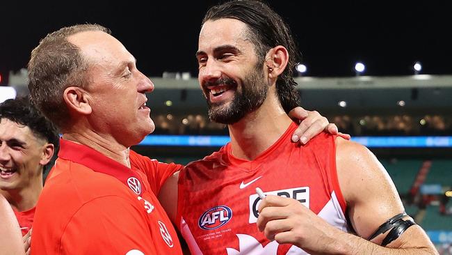 John Longmire congratulates Brodie Grundy (Photo by Cameron Spencer/Getty Images)