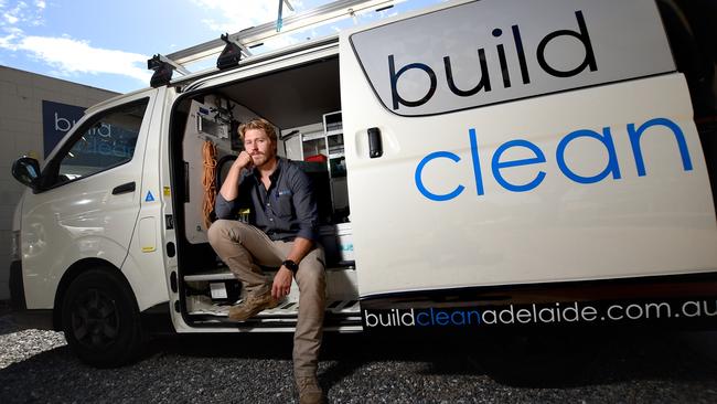 Sam Ackland's company Build Clean has been stung twice in four months, losing $12,000 from builder collapses. Picture: Naomi Jellicoe