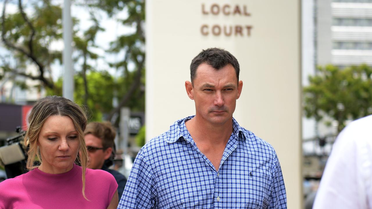 Remote Helicopter pilot Michael Keith Burbidge with wife Jade Burbidge leave Darwin Local Court. Picture: (A)manda Parkinson