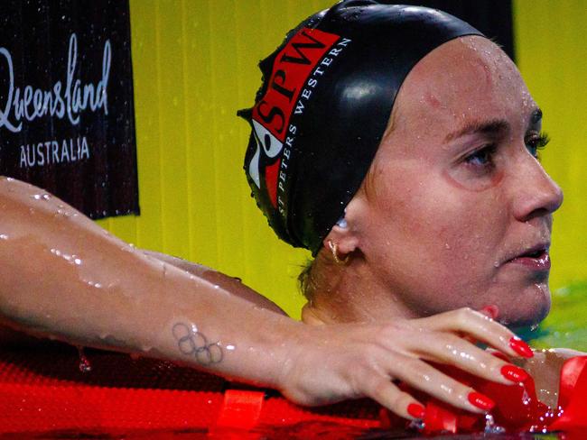 Ariarne Titmus reacts competing in the heat of the 200m freestyle. Picture: Patrick Hamilton / AFP
