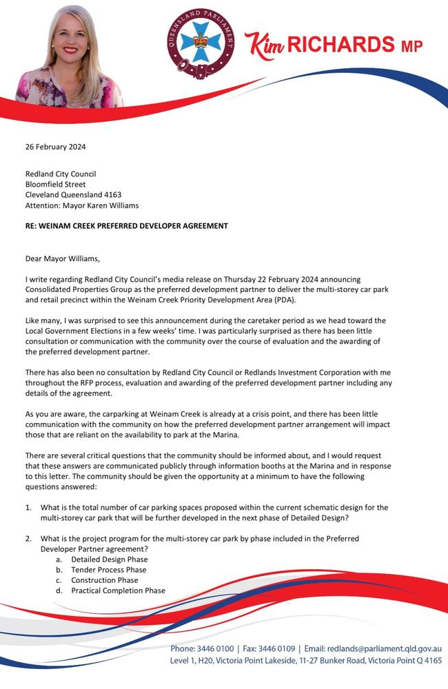 An excerpt from the letter State MP Kim Richards sent to Redland City Council mayor Karen Williams about the secret agreement for the ferry terminal and its carpark.