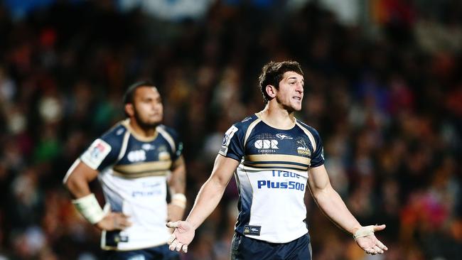 Tomas Cubelli of the Brumbies reacts at Waikato Stadium in Hamilton.