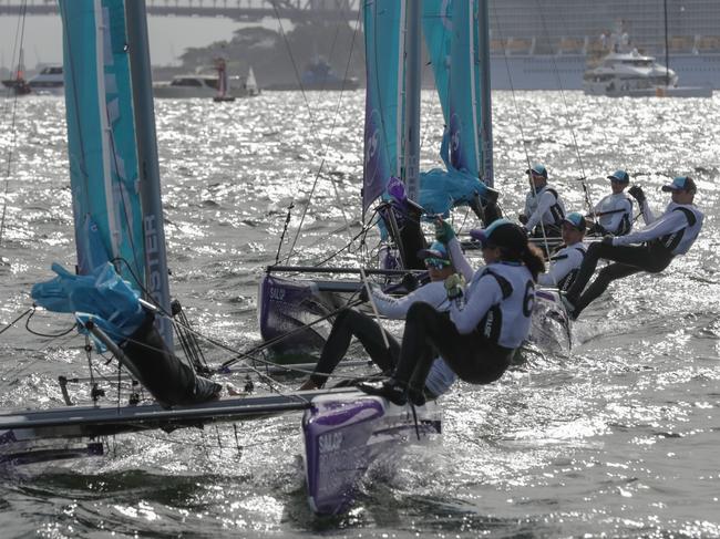 Inspire Racing x WASZP race in action. 16 sailors under the age of 20 from three nations take to the water on a fleet of foiling WASZPs in a qualification series. The top-eight sailors face off on the F50 course in front of thousands of spectators utilising leading technology provided by MarkSetBot in action during warm up ahead of racing on Race Day 2. Sydney SailGP, Event 1 Season 2 in Sydney Harbour, Sydney, Australia. 29 February 2020. Photo: Eloi Stichelbaut for SailGP. Handout image supplied by SailGP