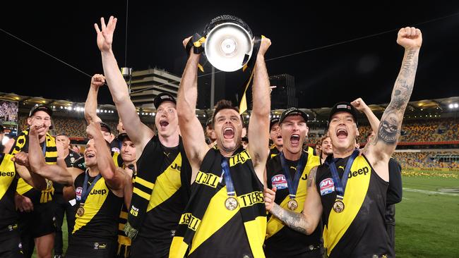 The Tigers celebrate at the Gabba. Picture: Michael Klein