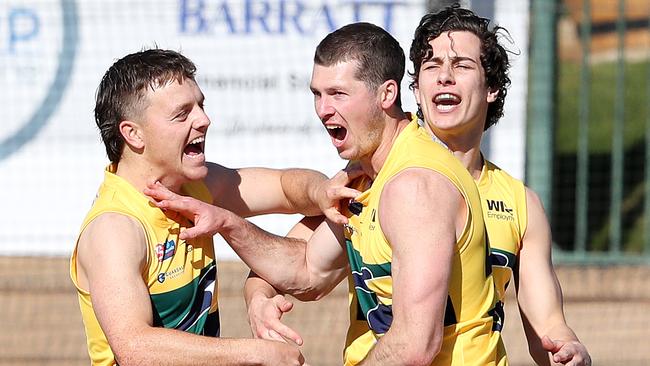 Eagles’ Jake Von Bertouch celebrates his goal with James Rowe Picture: Sarah Reed