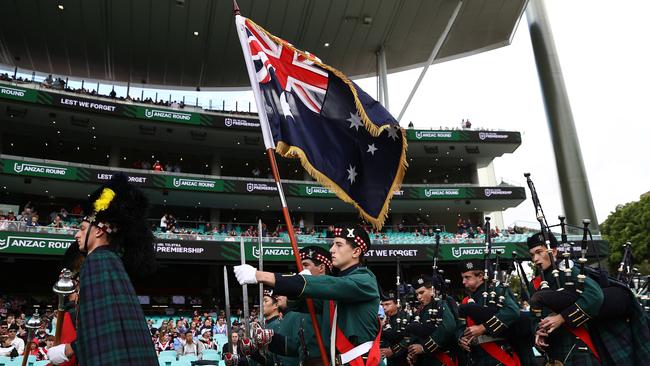 The Scots College Pipe band performs during an ANZAC Day ceremony ahead of a NRL match last year.