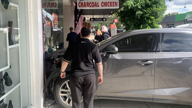 A driver crashed into the window of Charcoal Chicken on Seymour St in Traralgon about midday on Tuesday April 2, 2024. Picture: Isabelle Backman