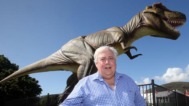 Clive Palmer with dinosaur Jeff the Trex at his Sunshine Coast resort.