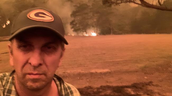 Andrew Constance as fire approaches on his property on December 31, 2019. Picture: Supplied