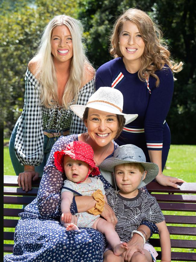 Nicole Paterson, Corinne Gebert and Sasha Milinkovic with her children Morris, 3, and Goldie, 6 months. Picture: Jay Town