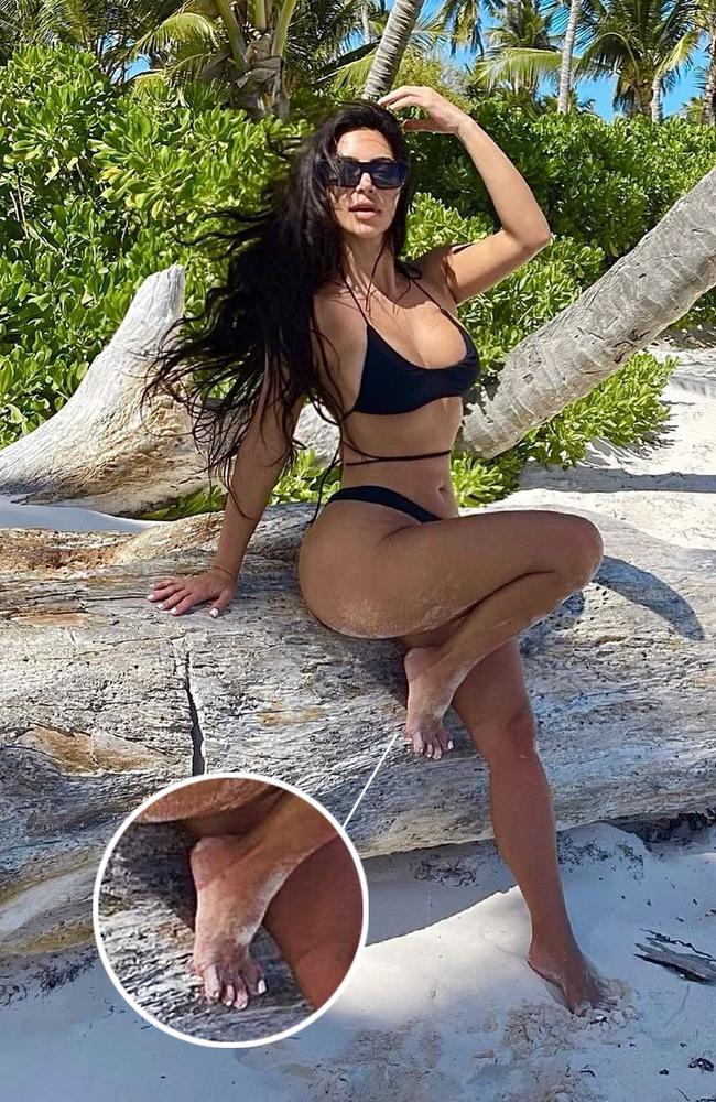 On the surface, it’s a classic Kim Kardashian bikini pose. Zoom in, and she seems to be missing a toe... Picture: Instagram