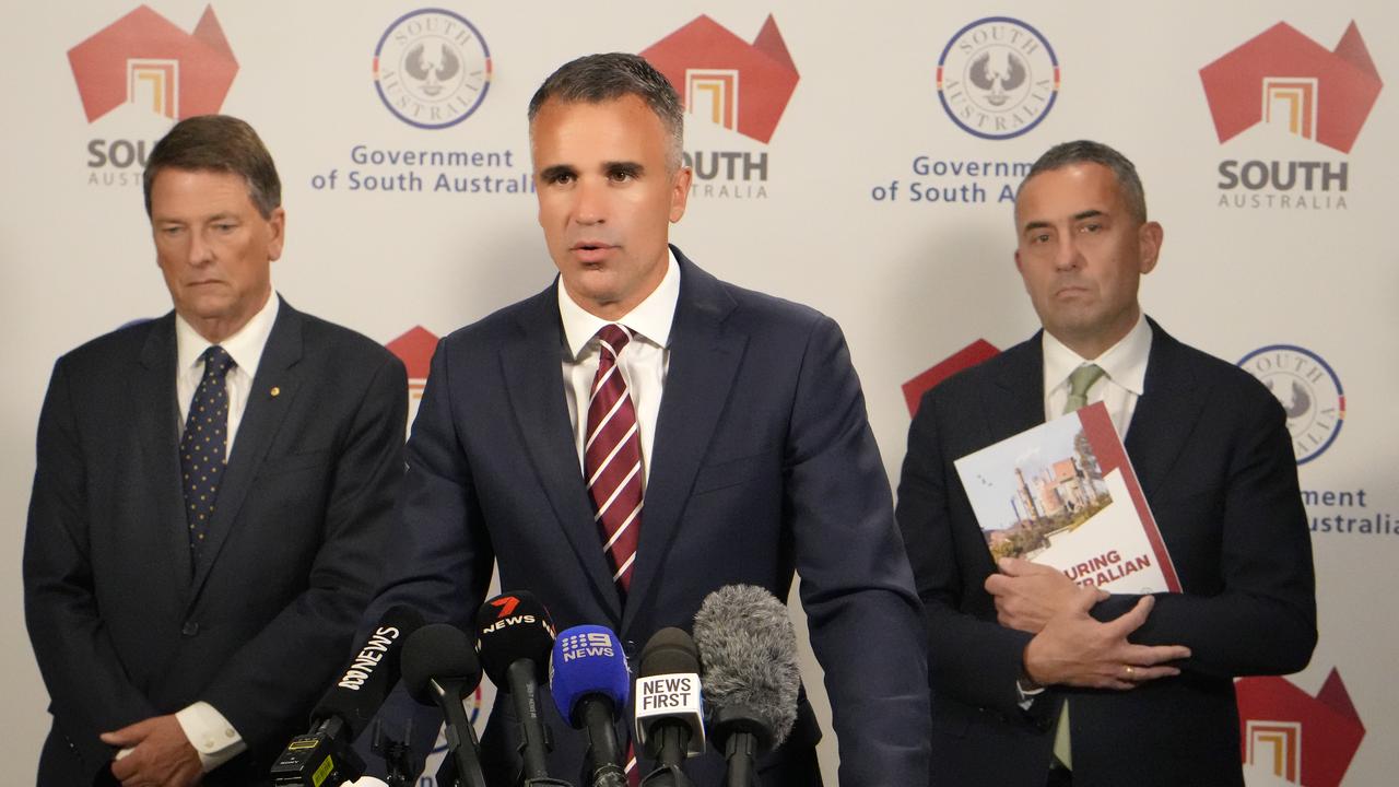 The Premier at an emergency meeting with Energy and Mining Minister Tom Koutsantonis (right) and Steel Taskforce leader Bruce Carter. Picture: Dean Martin