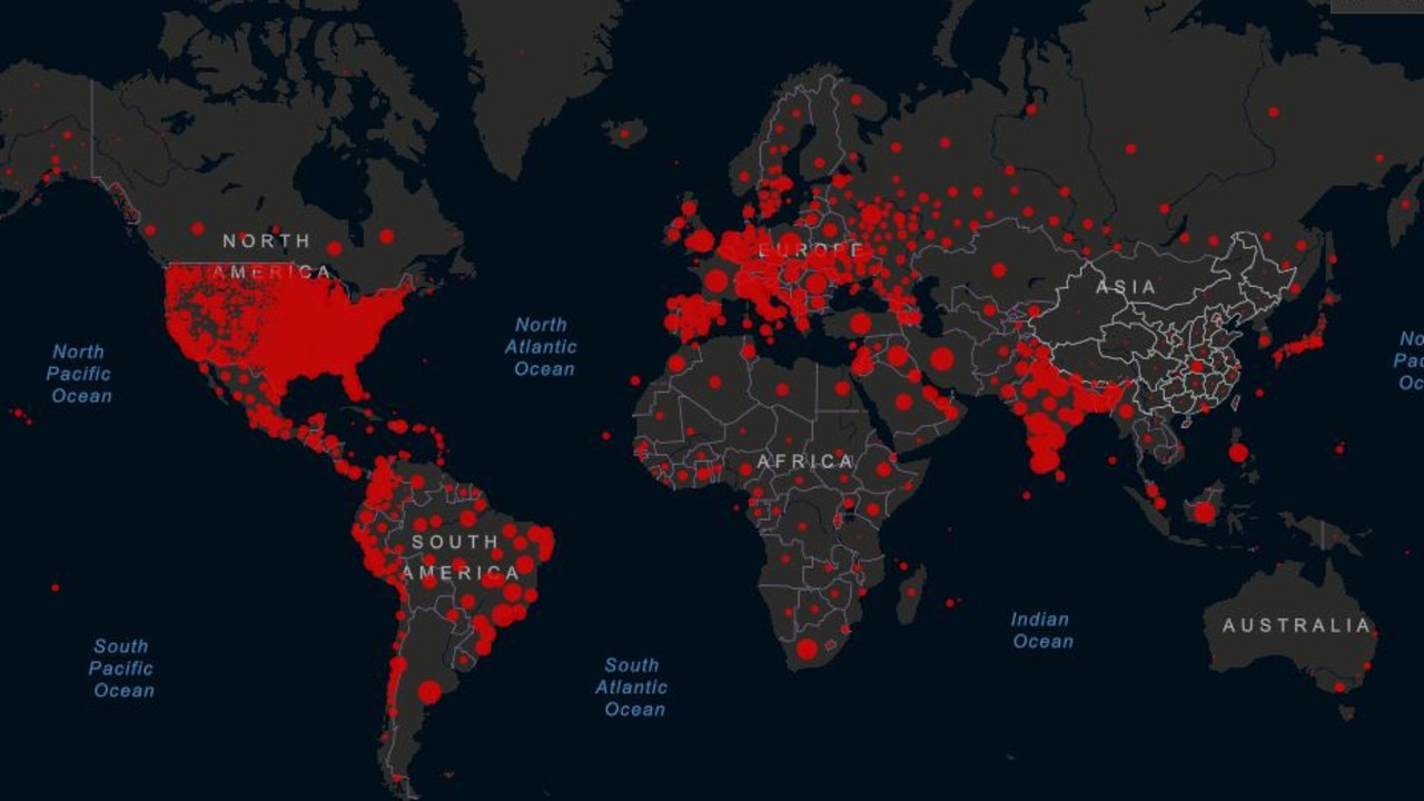 This world map shows just how dire the coronavirus crisis is becoming in the US. Picture: Johns Hopkins University