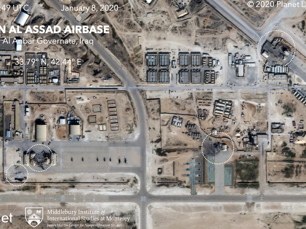 This satellite image shows the damage caused from an Iranian missile strike at the Ain al-Asad air base in Iraq. Picture: Planet Labs Inc./Middlebury Institute of International Studies via AP