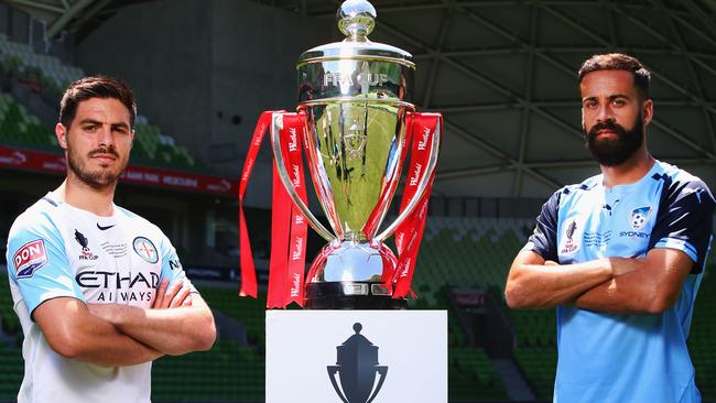 Melbourne City’s Bruno Fornaroli and Sydney FC’s Alex Brosque before the FFA Cup final. Picture: Getty Images