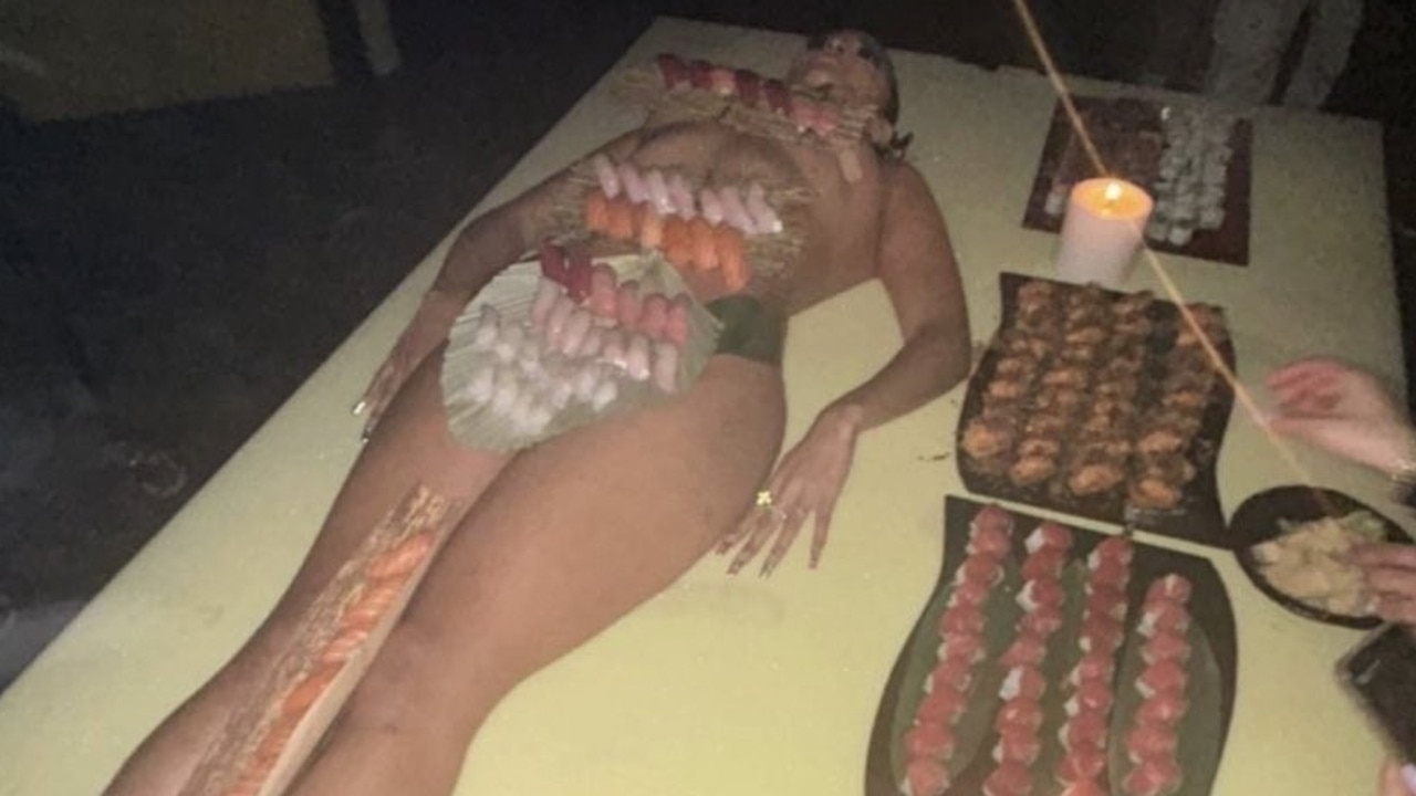 Ye’s 10-year-old daughter North and his new partner Bianca Censori were at the party, which featured Nyotaimori or ‘body sushi’. Picture: Twitter