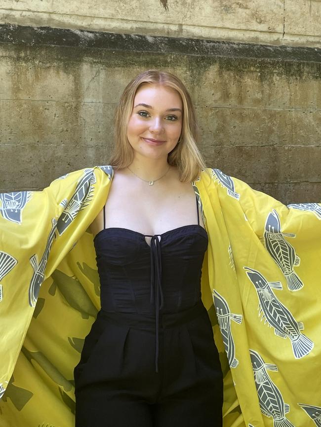 Up and coming Gunggandji fashion designer Holly McInnes and her aunt Simone Arnol have created four pieces each for their Woven inspired, Fish/Guyu, Lemon and Rice, collection.