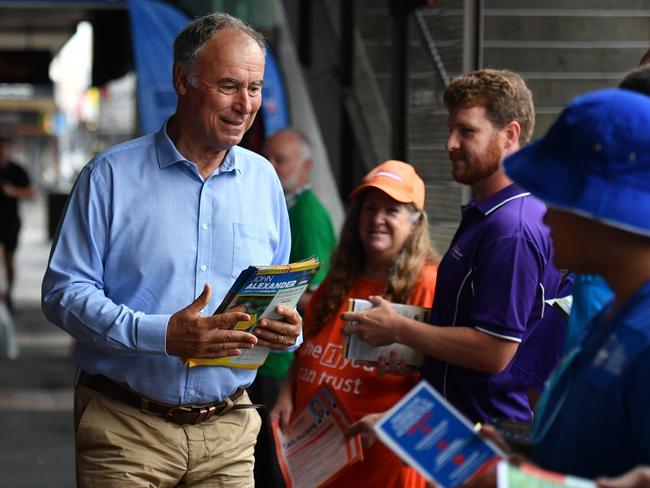 Mr Alexander campaigns at Epping train station on Friday morning.