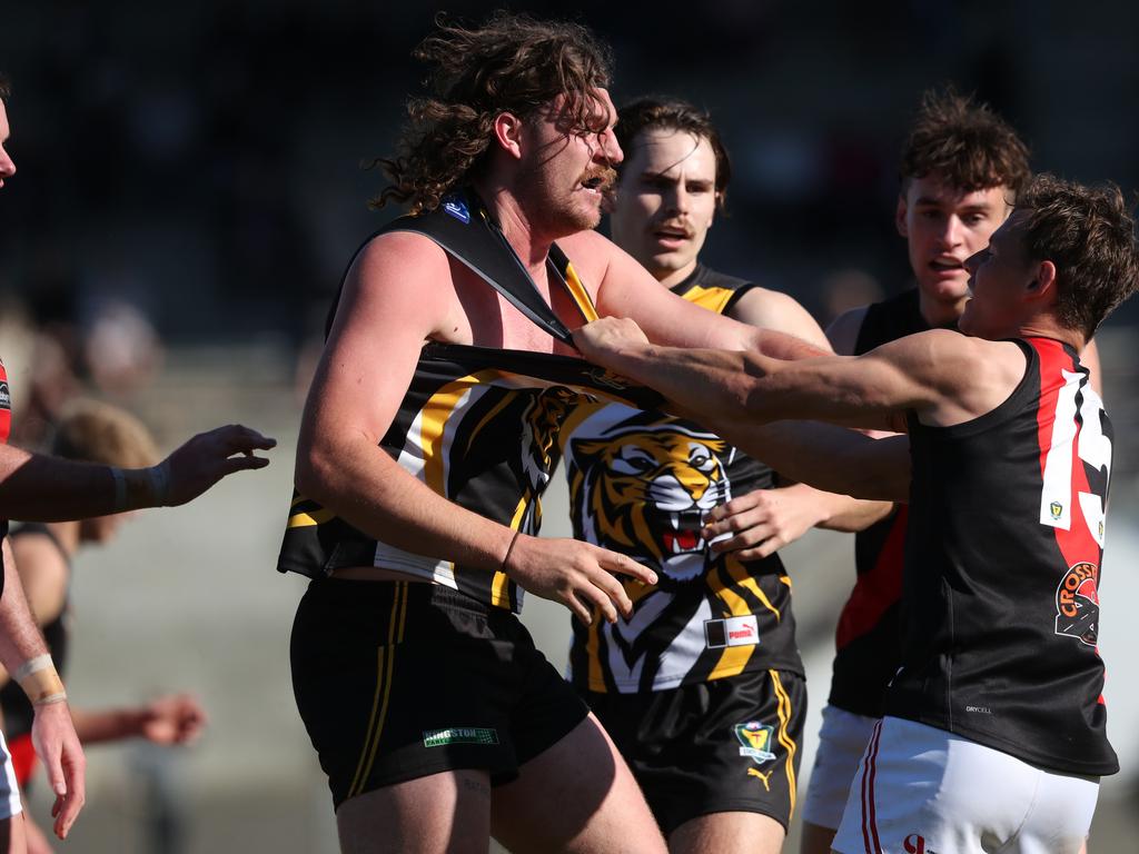 Jack Tomkinson Tigers and Jack Avent North Launceston. TSL grand final Kingborough Tigers V North Launceston. Picture: Nikki Davis-Jones
