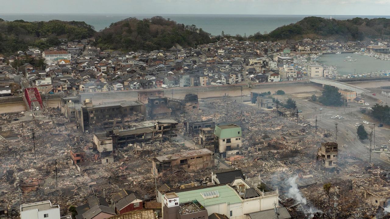 This aerial photo shows smoke rising from an area following a large fire in Wajima, Ishikawa prefecture on January 2, 2024. Picture: Fred MERY / AFP