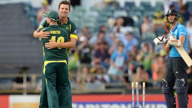SPORT - ODI Cricket final, Australia v England at the WACA, Perth. Photo by Daniel Wilkins. PICTURED- Australia's Josh Hazlewood celebrates the wicket of Steven Finn, winning the match.