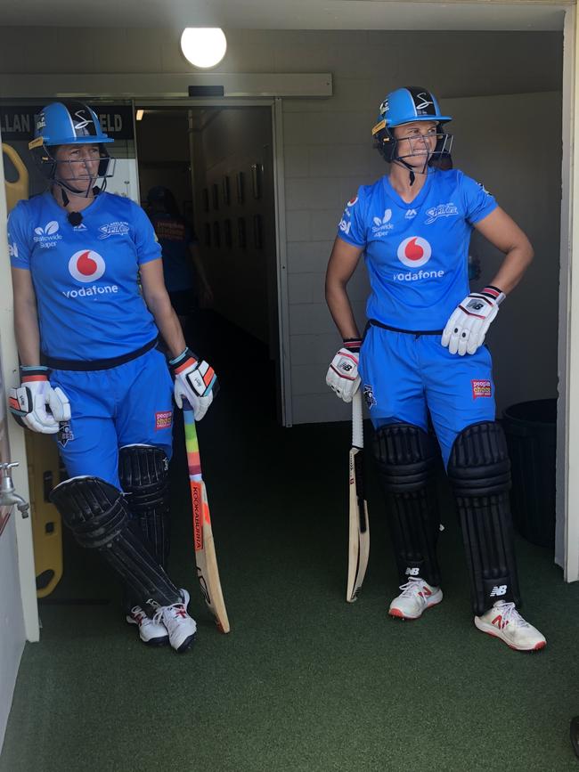 Strikers opening batters Sophie Devine and Suzie Bates wait in the wings at AB Field ahead of their clash with Hobart Hurricanes. Picture: SUPPLIED/JAMIE ANDERSON