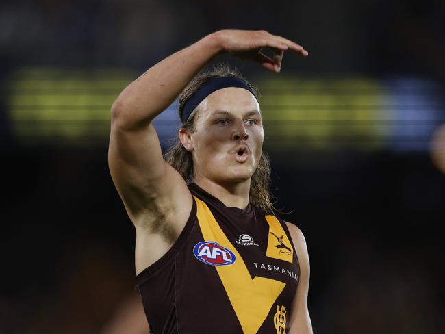 MELBOURNE , AUSTRALIA. April 20 , 2024. AFL Round 6. North Melbourne vs Hawthorn at Marvel Stadium. Jack Ginnivan of the Hawks celebrates a 2nd quarter goal . Pic: Michael Klein