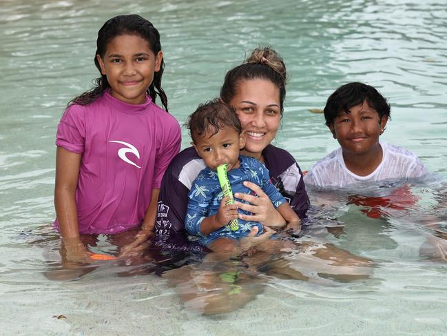 Amika Yamashita, 9, Miharu Yamashita, Ryu Yamashita, 1, Sylvester Yamashita, 8, and Takaya Yamashita, 6, celebrate Australia Day at the Woree pool. Picture: Brendan Radke