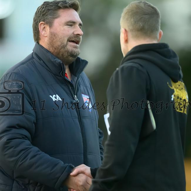 EFNL 2025: South Croydon coach Brendan Allen and Mitcham coach Neil Winterton shake hands. Picture: Leesa Clarkson