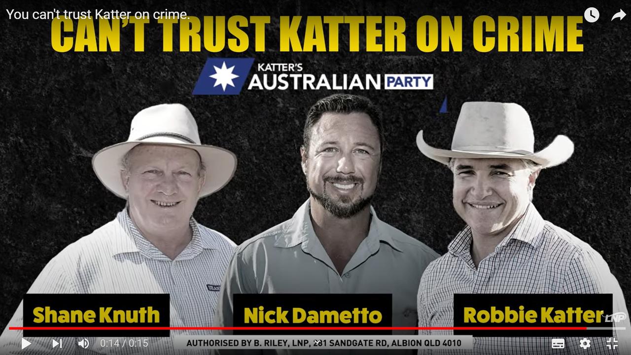 A screengrab from an LNP political advertisement that has been labelled by the Katter’s Australian Party as an unprecedented American-style hit job against its Mundingburra candidate Michael Pugh.