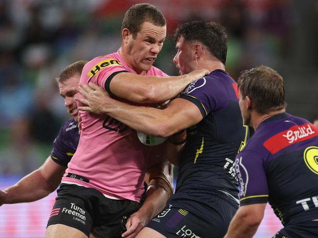 Liam Henry went blow for blow with the Storm pack. Picture: Daniel Pockett/Getty Images