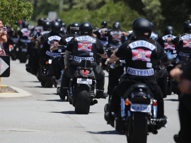 AUS OUT The funeral for slain high ranking Rebels bikie Nick Martin is taking place today at Pinaroo Cemetry in Padbury. Pictured are mourners at Purslowe and Chipper Funerals in North Perth ahead of their ride to Pinaroo. Picture The West Australian