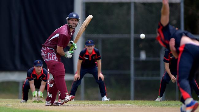 Caboolture batsman Glen Batticciotto keeps an eye on the ball.