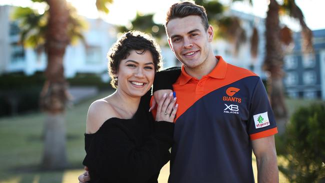 GWS Giants rookie Zac Langdon and his girlfriend Eli Suleska 21, who is in remission from Hodgkin's lymphoma. Picture: Phil Hillyard