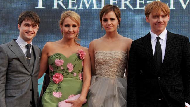 J.K. Rowling with the Harry Potter cast at the final film’s premiere in 2011. Picture: Jon Furniss/WireImage