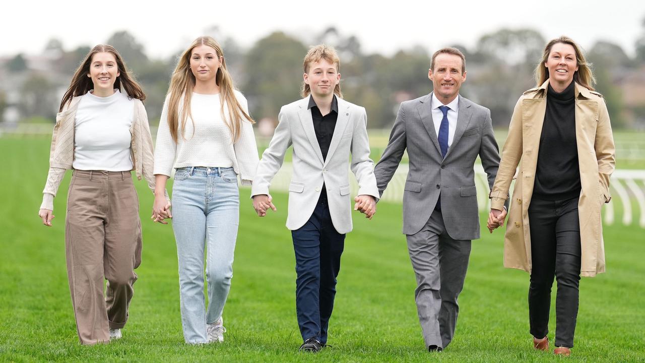 Damien Oliver with his wife Trish and children Zara, Niali and Luke at Sandown. Picture: Scott Barbour/Racing Photos