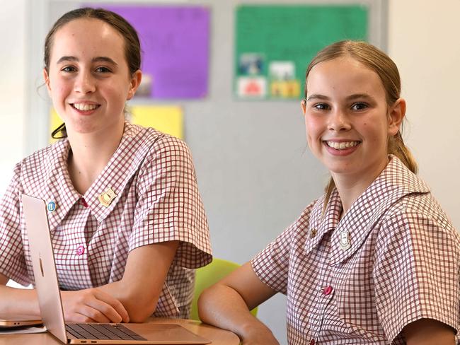 15/03/2023 : Moreton Bay College students  L-R Sophie Mc Cann and Jaya (no last name wanted) both 12 in yr 7  after sitting a Naplan test this morning in Manly West , Brisbane.   pic Lyndon Mechielsen/Courier Mail