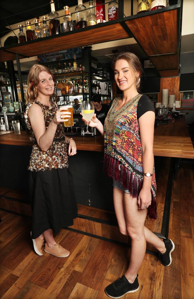 Margaret Van Lit and Olivia Hipwell enjoy standing up at the bar at Proof in Windsor following the easing of Covid restrictions in Queensland. Picture: Annette Dew