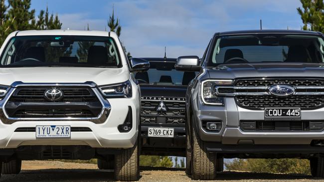 Toyota HiLux, Mitsubishi Triton and Ford Ranger utes. Picture: Mark Bean