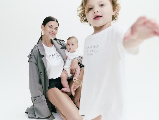 Ex-Victoria’s Secret model Georgia Fowler and children Dylan and Zeke photographed for Camilla and Marc's annual Ovaries. Talk About Them campaign.