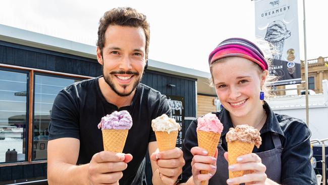 Hobart, Tasmania Friday 20th October 2023. Van Diemens ice-cream has been voted one of Tassie's favourite places to get ice-cream for the Delicious 100. Ernesto Rico and Rose Curry from Van DiemenÃs Ice-Cream at their punt on constitution dock.Picture: Linda Higginson