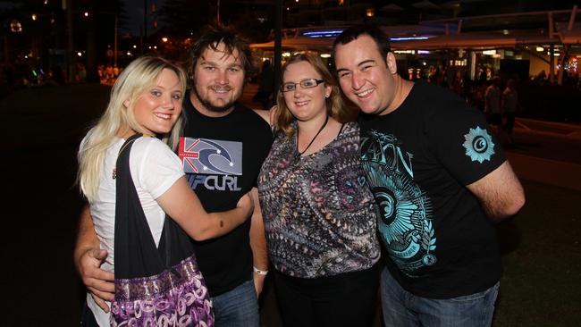 New Year’s Eve on the Sunshine Coast at Mooloolaba. Sarah Marriott, Josh Lerch, Jacqui Brosnan and Aaron Brosnan. Photo: Cade Mooney.