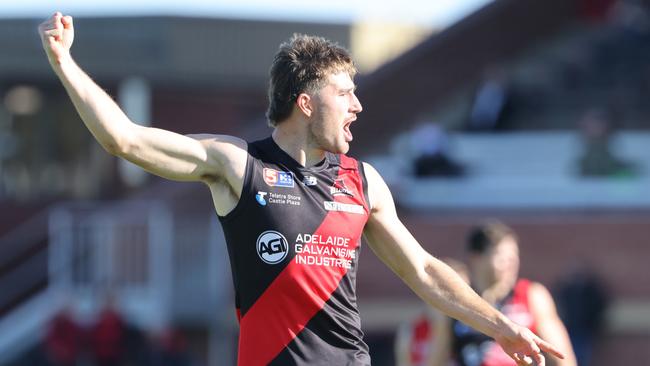 Joel Stevens celebrates a goal for West Adelaide. Picture: David Mariuz