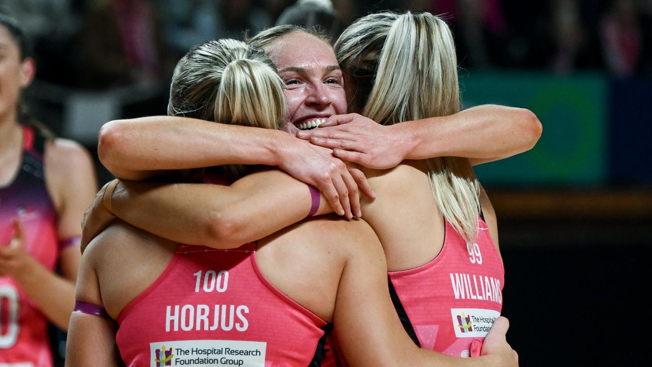 ADELAIDE, AUSTRALIA - JULY 20: Georgie Horjus , Hannah Petty and Tayla Williams of the Thunderbirds celebrates the win during the Super Netball Major Semi Final match between Adelaide Thunderbirds and Melbourne Vixens at Adelaide 36ers Arena, on July 20, 2024, in Adelaide, Australia. (Photo by Mark Brake/Getty Images)