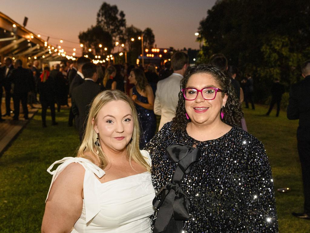 Talisha Morrish (left) and Georgina Bayly at LifeFlight Toowoomba Gala at The Goods Shed, Saturday, May 24, 2025. Picture: Kevin Farmer