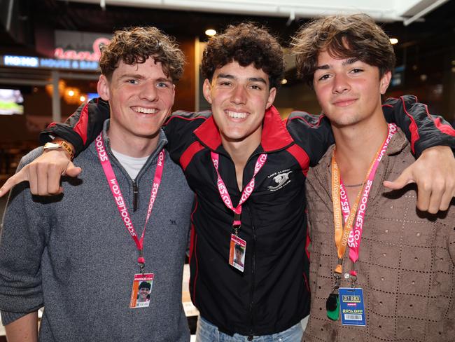 Schoolies Gallery 2024 in Surfers Paradise.. Jack Webb, Seb Brown, Liam Bahemia Brisbane. Picture Glenn Hampson