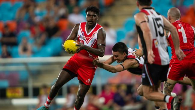 Anthony Munkara kicked six goals in his debut for Waratah against Southern Districts in the 2023-24 NTFL season. Picture: Pema Tamang Pakhrin