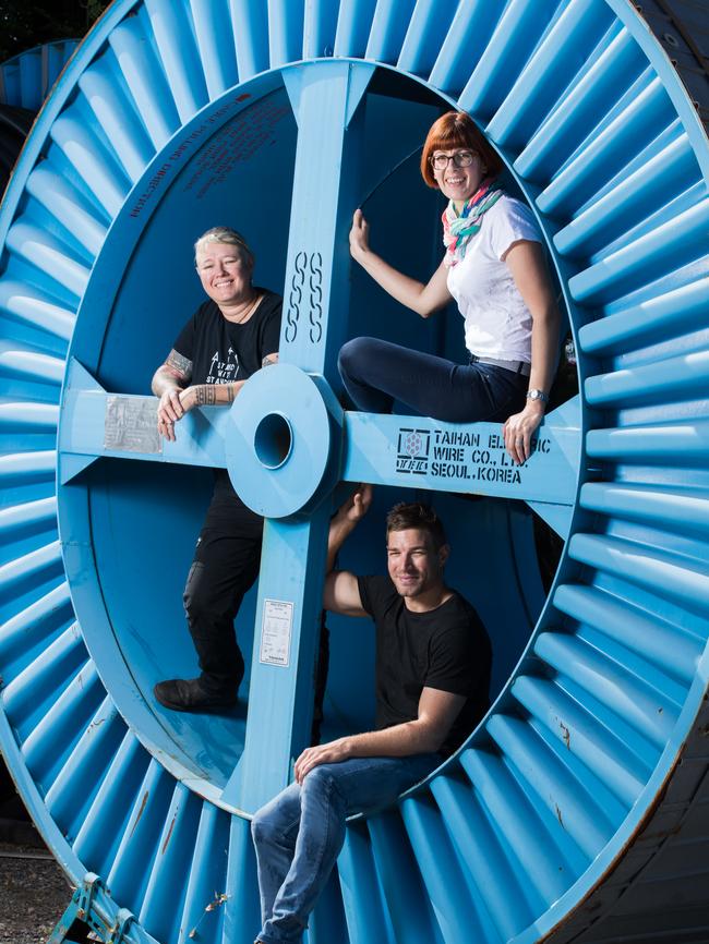 Artists Clancy Warner, Bianka Kennedy and Steven Cybulka have been selected to create artworks from recycled materials at SA Power Networks. Picture: Matt Loxton