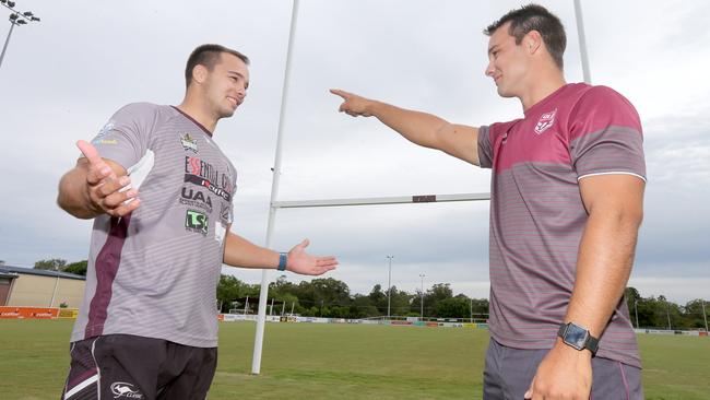 Daniel Schwass (right) with identical twin Hayden Schwass. Daniel is pulling the pin on his playing days to have a shot at becoming an NRL referee and could come across his brother, who plays for Burleigh, along the way. Picture: Mike Batterham