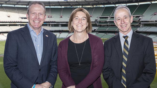 (L-R) Cricket Australia CEO Kevin Roberts, transgender cricketer Erica James and Dr David Hughes at the MCG. Picture: Getty Images.